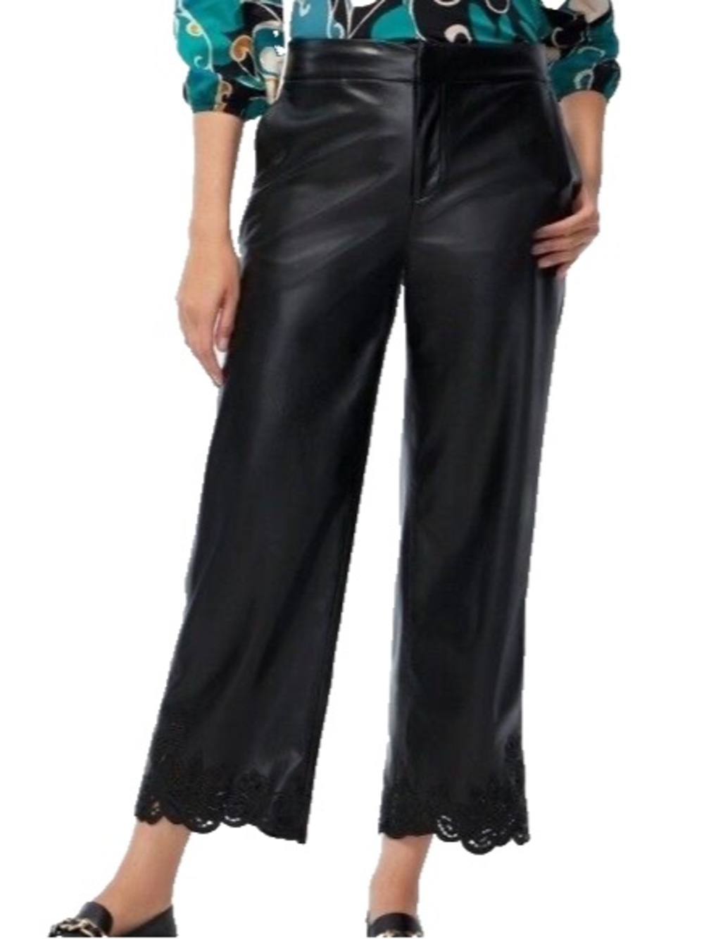 Chico's Faux Leather Wide Leg Cropped Cutwork Hem Pants Black Size 3.5 / US 18